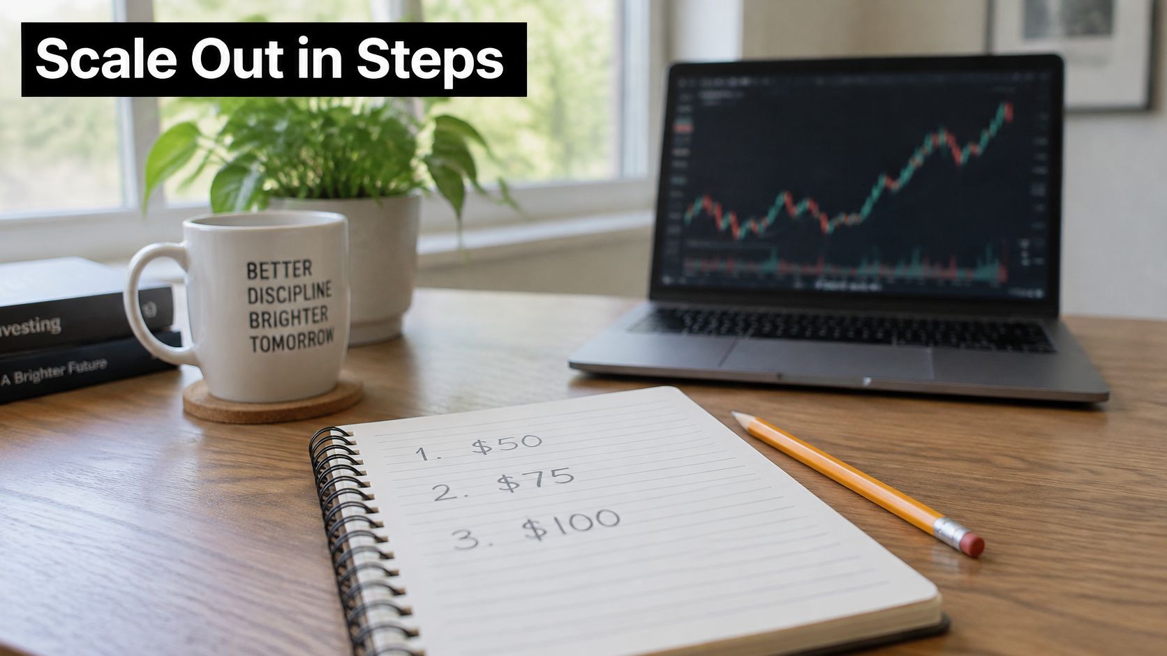 A notepad showing a three-step scaling plan for stock sales next to a laptop with trading charts.
