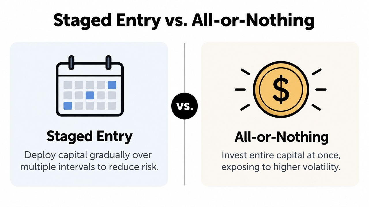 A comparison graphic showing staged entry versus all-or-nothing investment strategies to manage risk and market volatility.