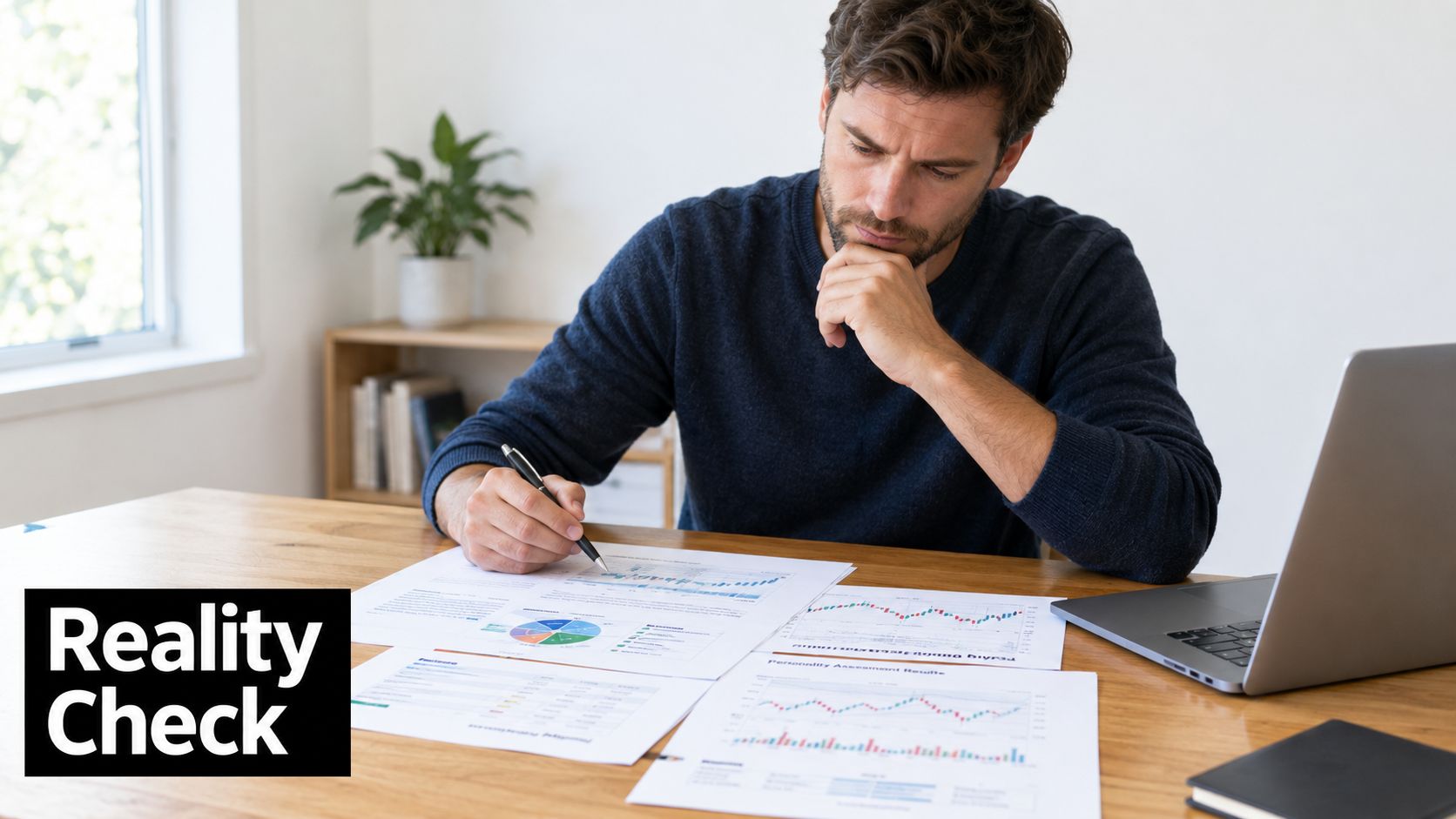 A focused man analyzing financial charts and data on papers while sitting at his home desk.