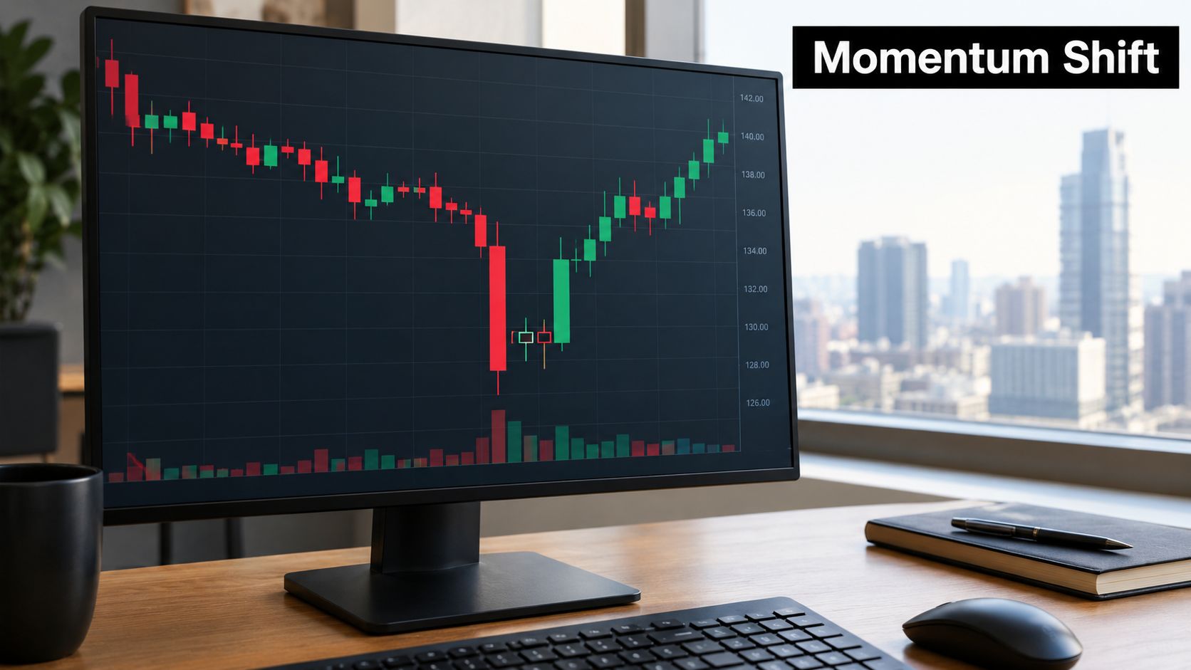 A computer monitor on a desk showing a candlestick stock chart illustrating a morning star pattern.