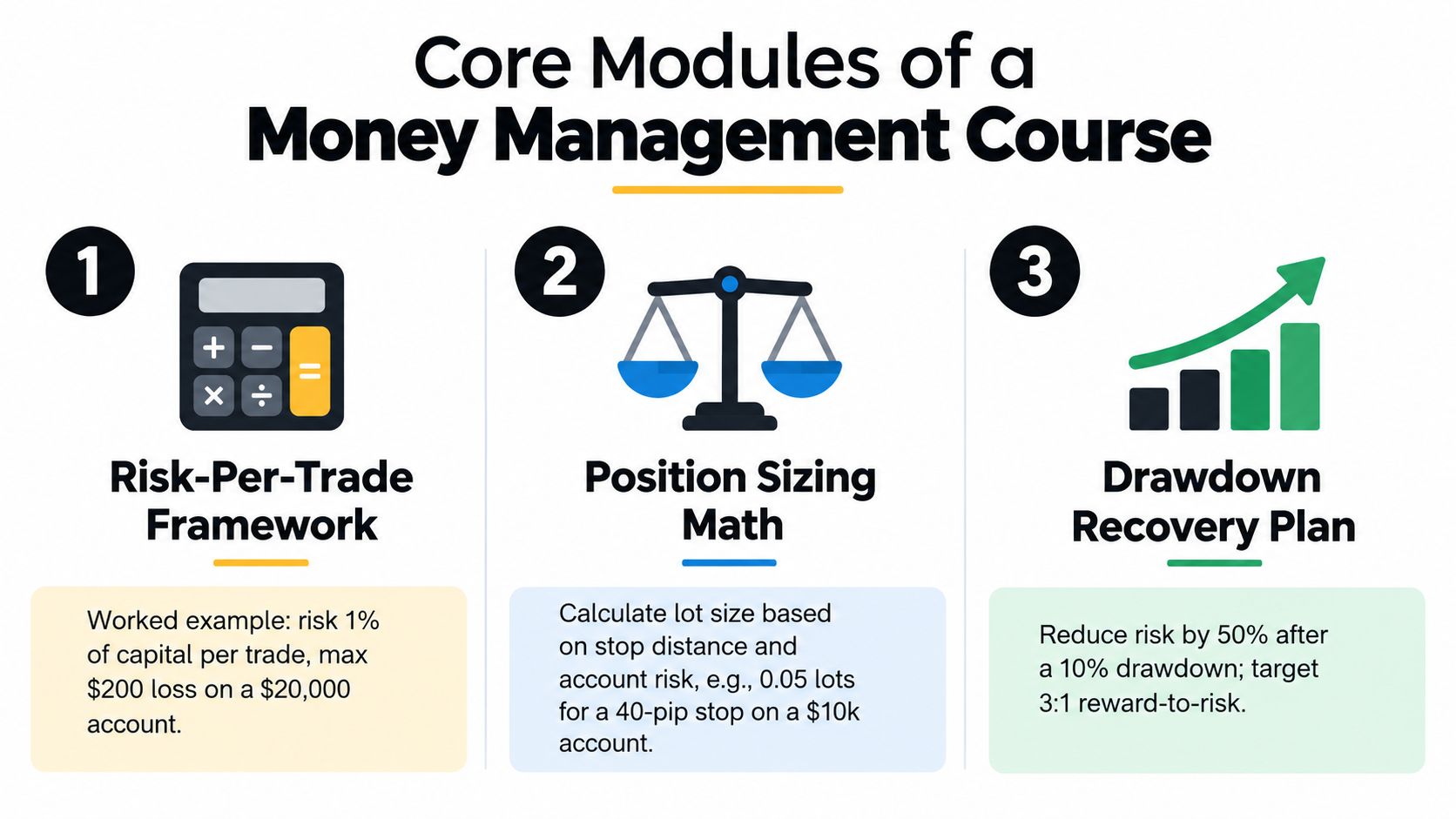 A graphic outlining three core modules for a money management course including risk framework, position sizing, and drawdown recovery.