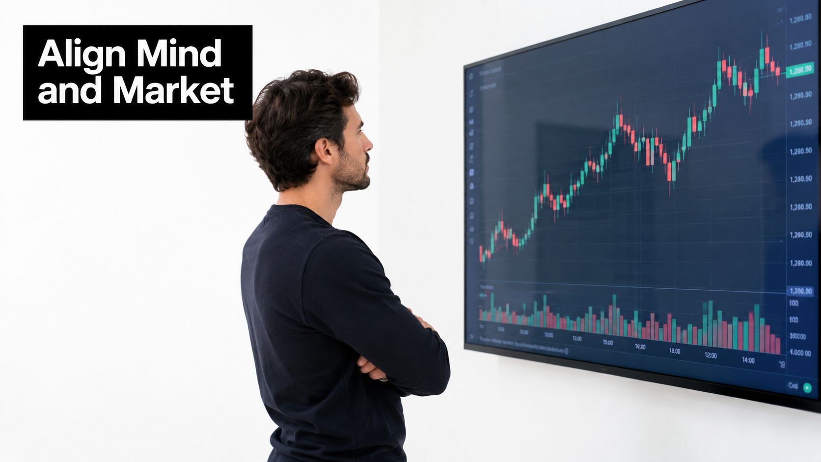 A focused man looking at a digital stock market chart display on a wall in a room.