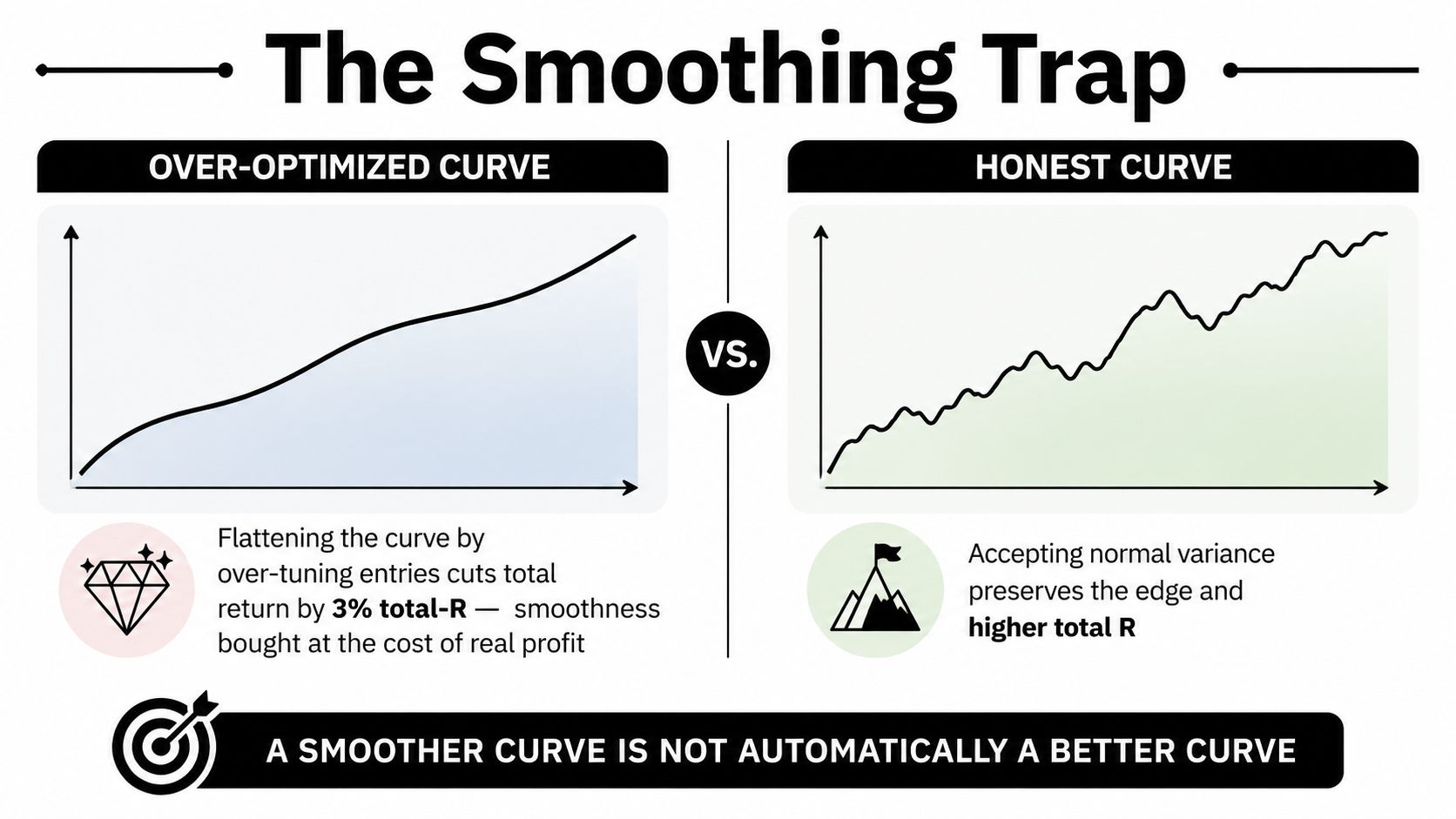 A comparison infographic showing an over-optimized smooth trading curve versus an honest, volatile equity curve.