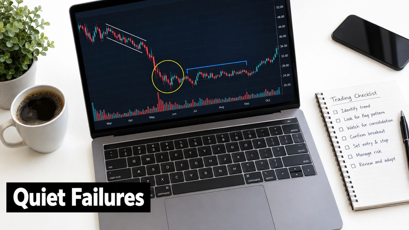 A laptop displays a stock chart with a flag pattern next to a trading checklist on paper.