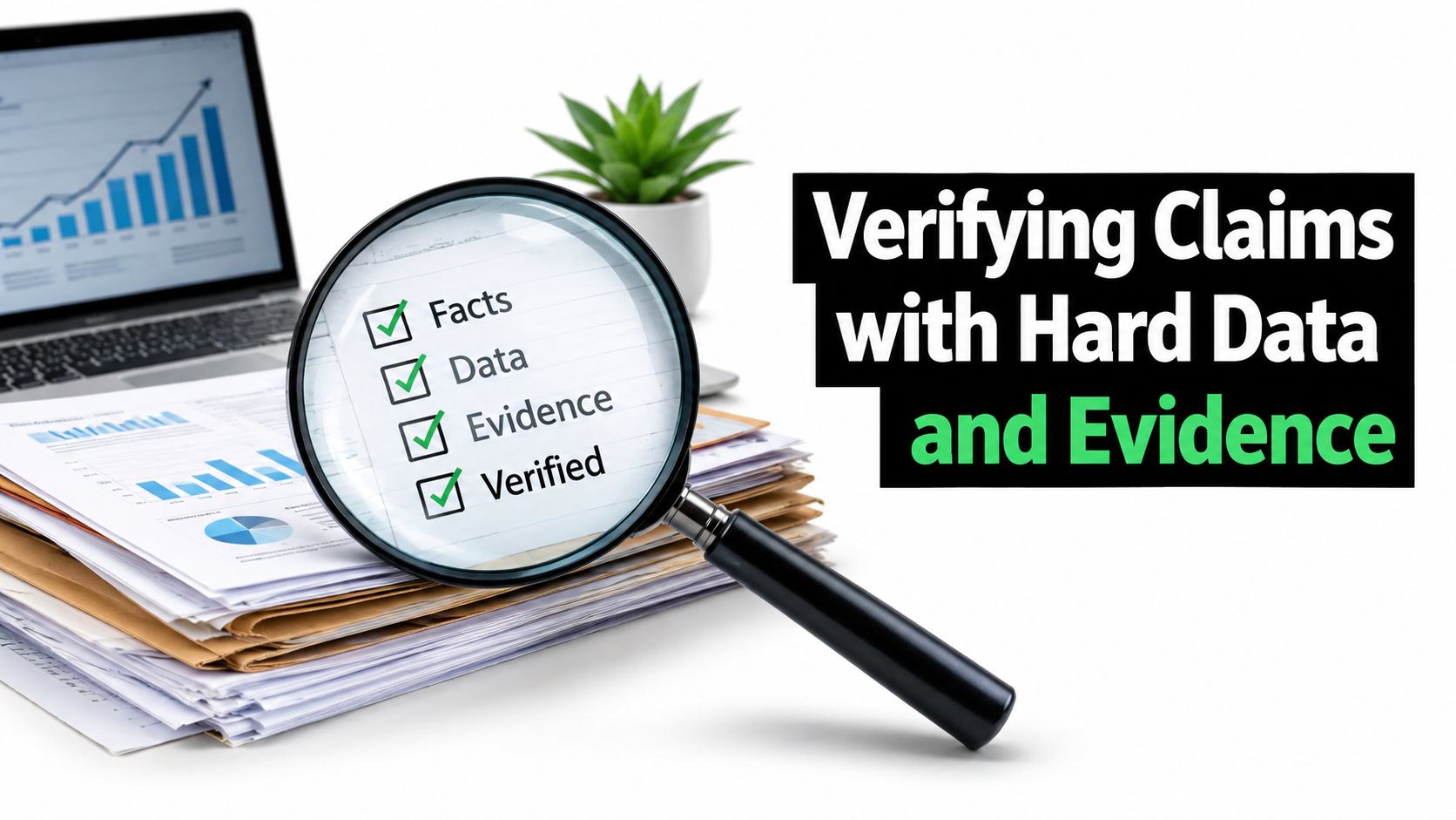 A magnifying glass rests on financial reports showing a checklist of verified facts, data, and evidence.