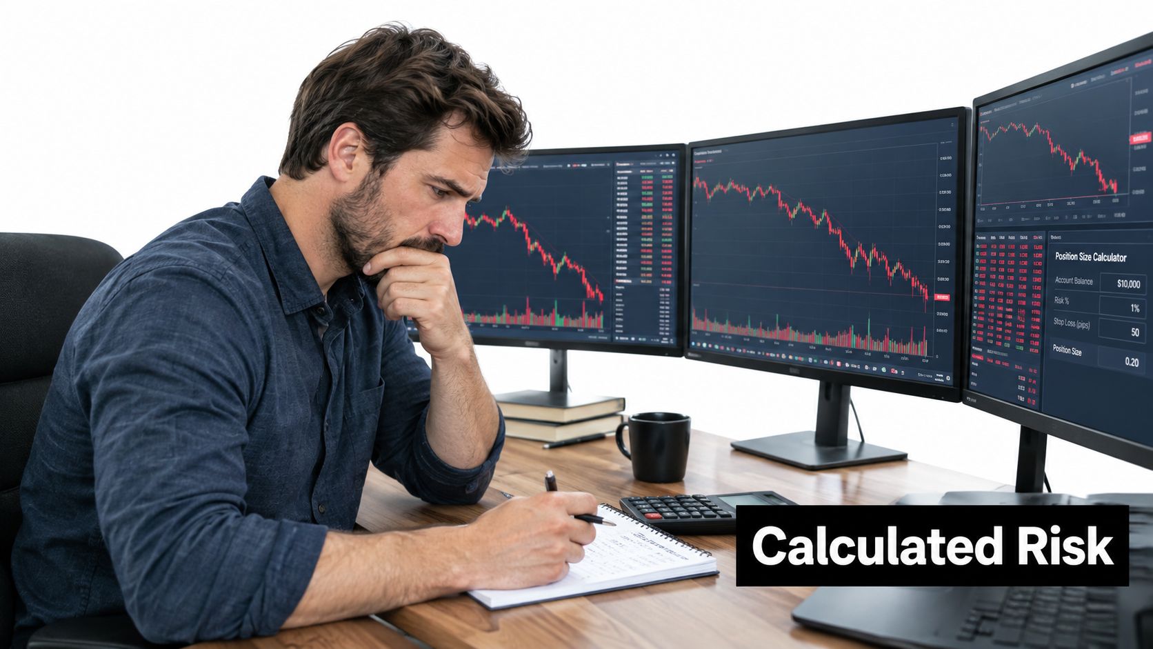 A focused male trader analyzes stock market charts on three monitors while writing notes at his wooden desk.