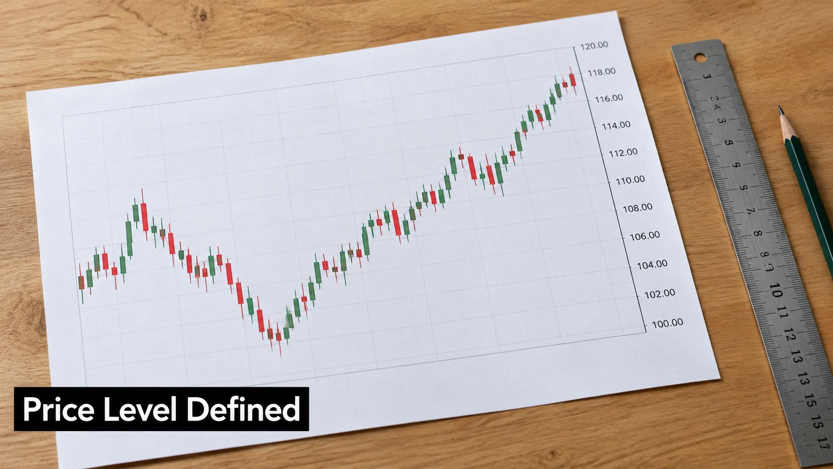 A close-up shot of a candlestick chart on paper with a ruler and pencil nearby.