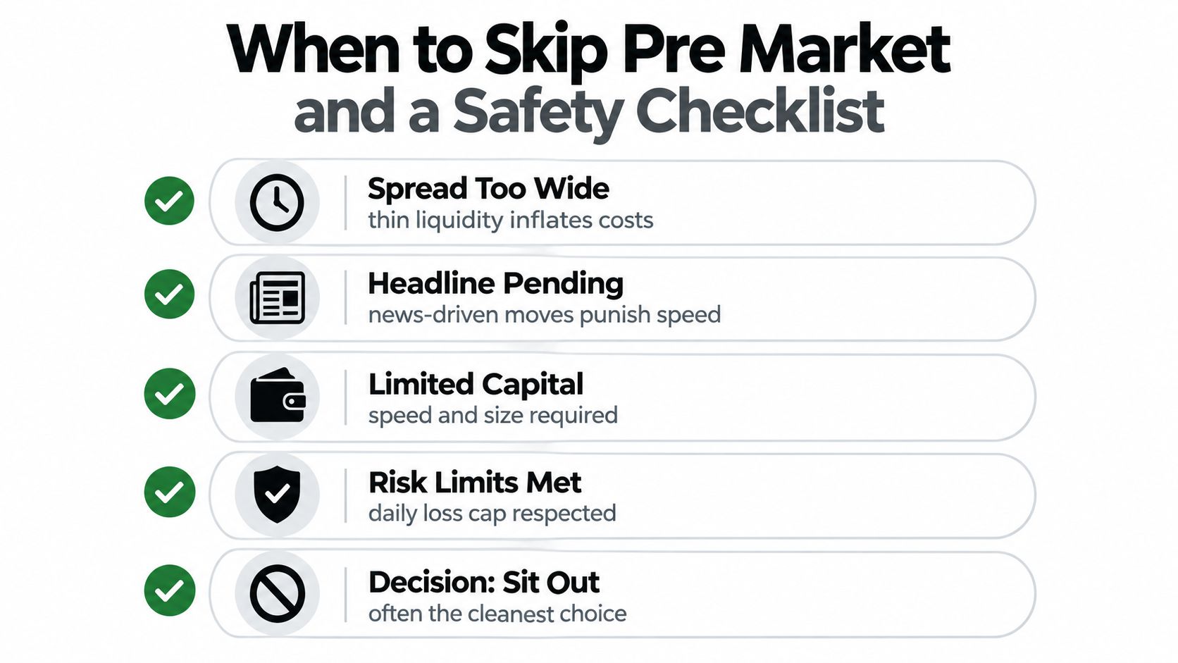 A safety checklist infographic explaining when to skip pre-market trading to manage financial risks effectively.