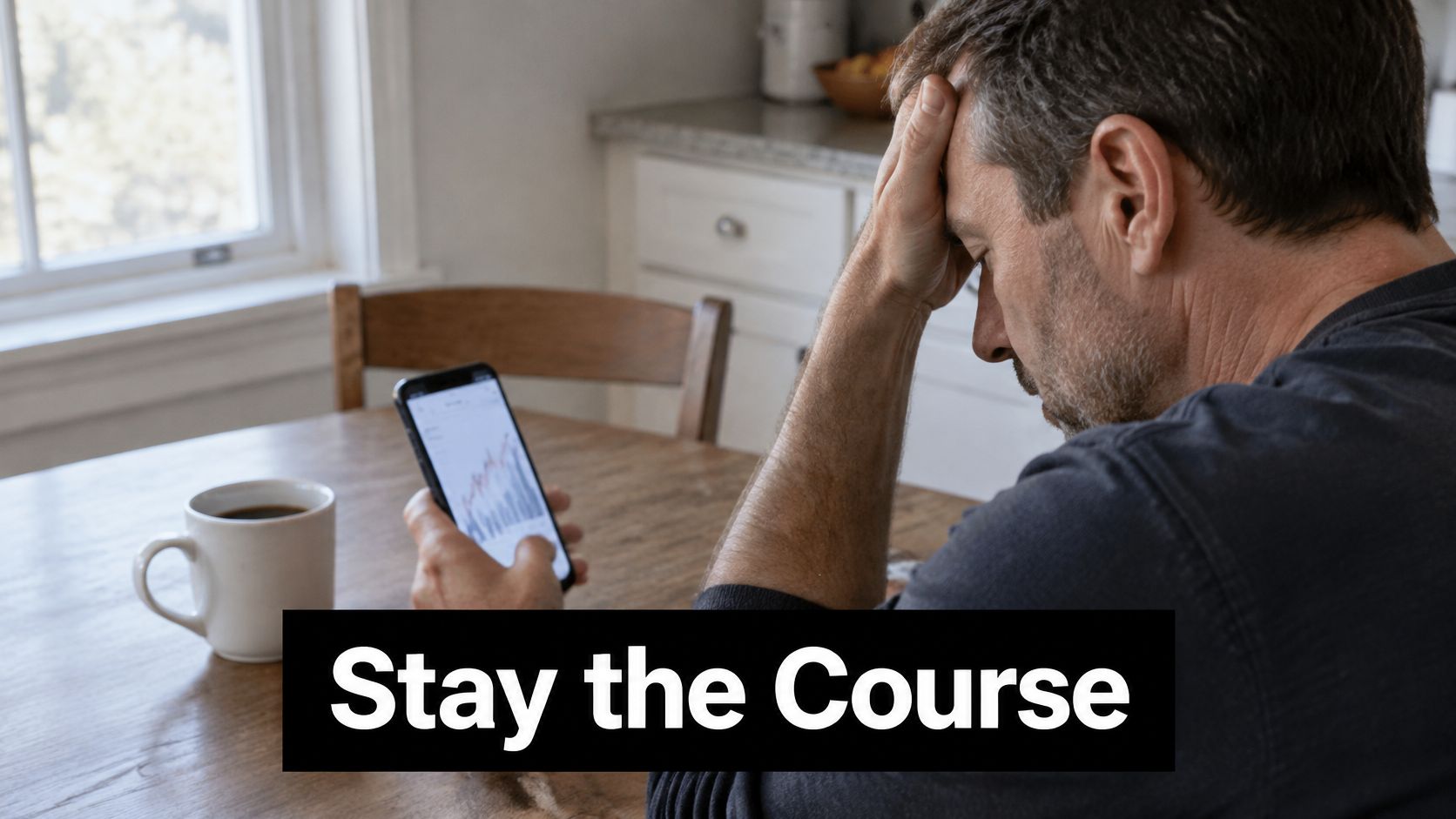 A stressed man looking at a stock market graph on his smartphone while sitting at a table.