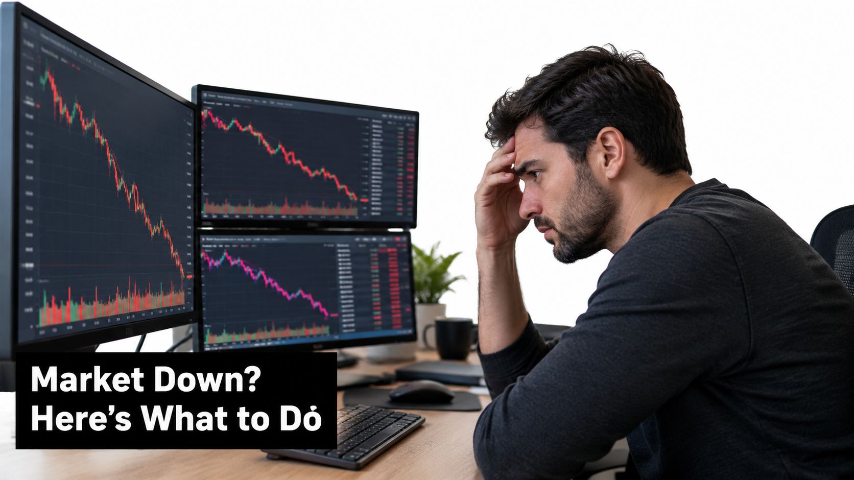 A stressed man looking at computer monitors displaying declining stock market charts while feeling concerned about trading.
