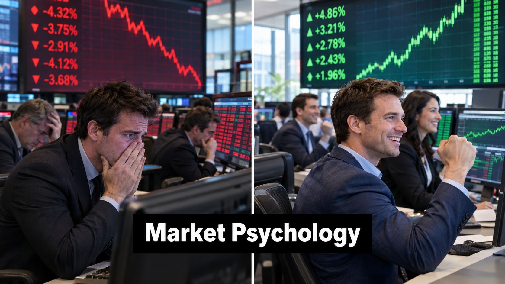 Split screen comparing a stressed trader during a market downturn and a happy trader celebrating rising stocks.