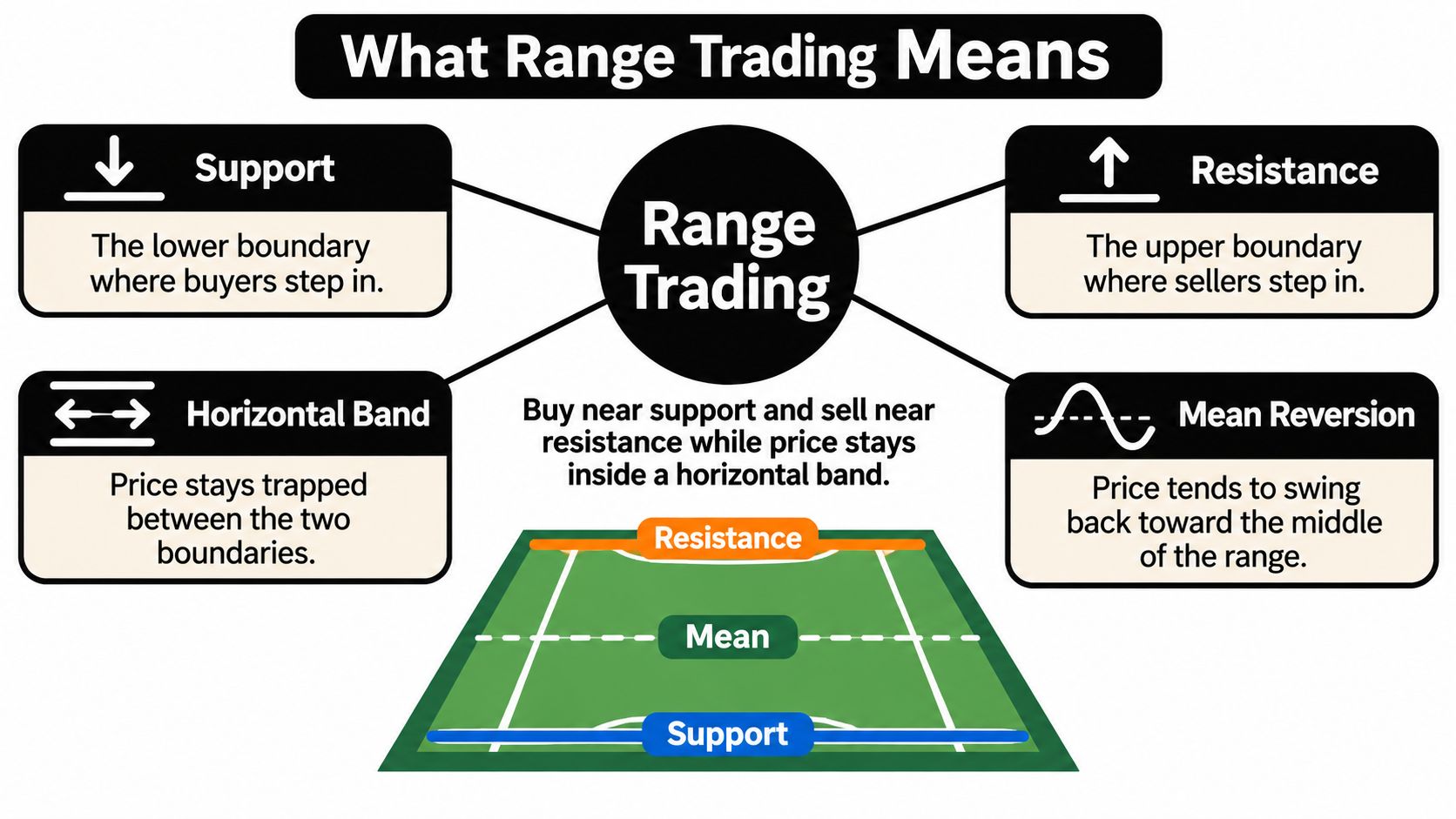 A diagram explaining range trading concepts including support, resistance, mean reversion, and horizontal trading bands.