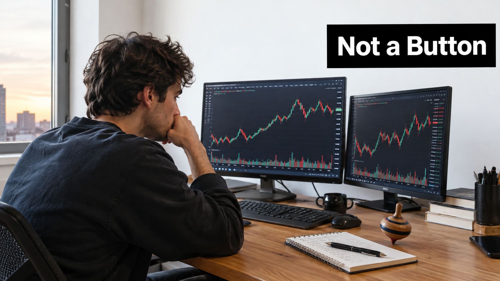 A focused man sitting at a wooden desk analyzing financial stock market charts on two computer monitors.