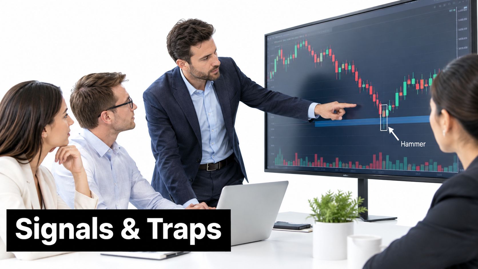 A professional business team analyzing a stock market chart featuring a hammer candlestick pattern on screen.