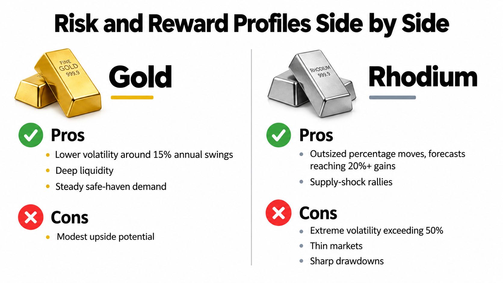 A comparison infographic showing the risk and reward profiles for investing in gold versus rhodium metal bars.