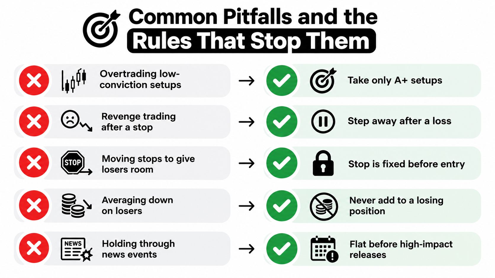A chart showing common day trading pitfalls versus the rules that can help traders avoid them.