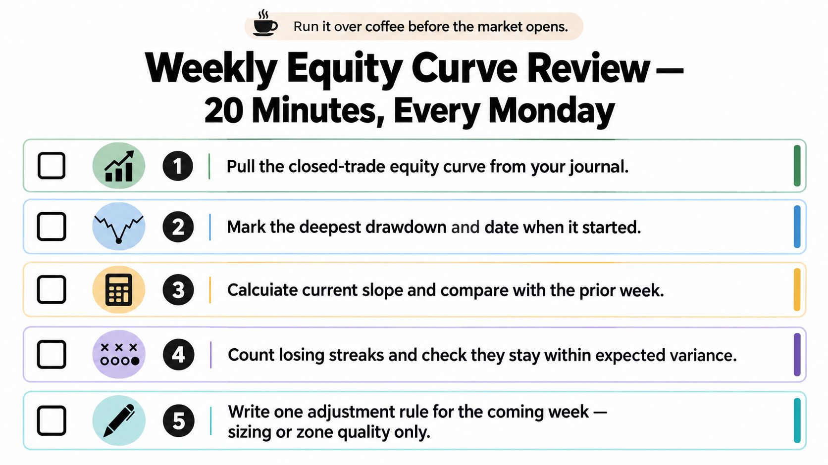 A weekly trading checklist infographic with five steps for analyzing equity curves to improve trading performance.