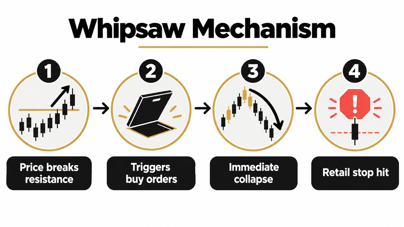 A four-step infographic illustrating the Whipsaw market mechanism where price breakouts lead to retail stop losses.