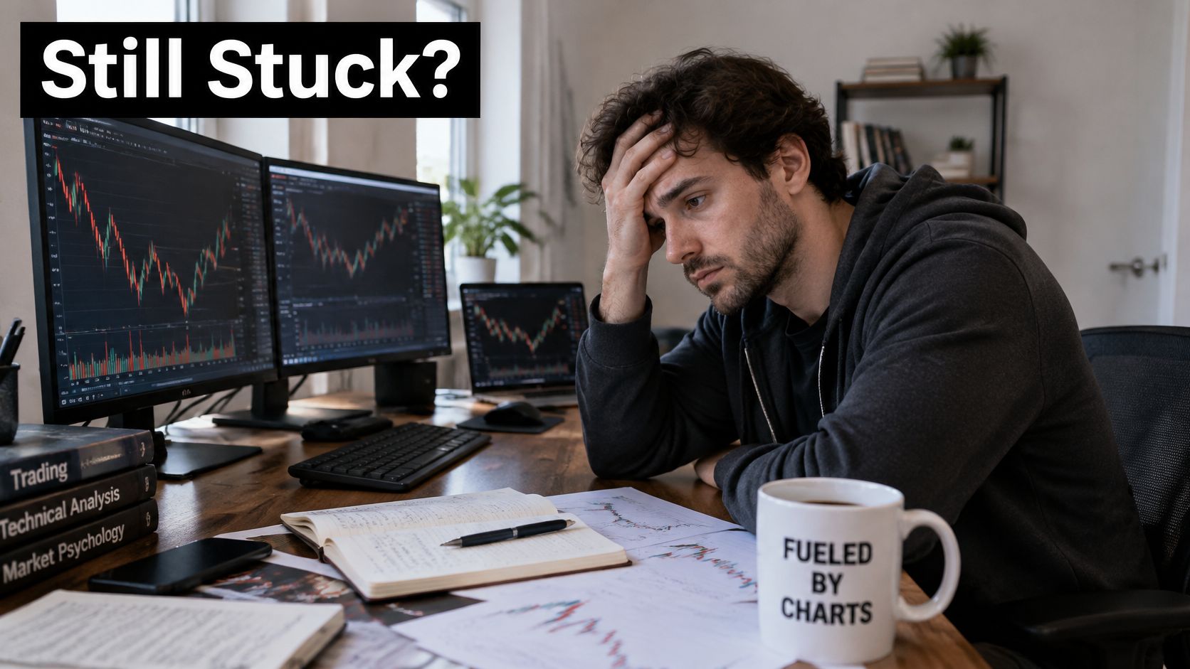 A frustrated trader sits at a desk with multiple monitors showing financial charts and market analysis books.