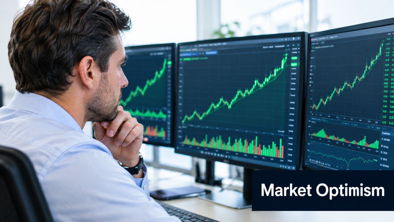 A professional trader analyzes rising stock market trends displayed on multiple computer monitors in an office setting.