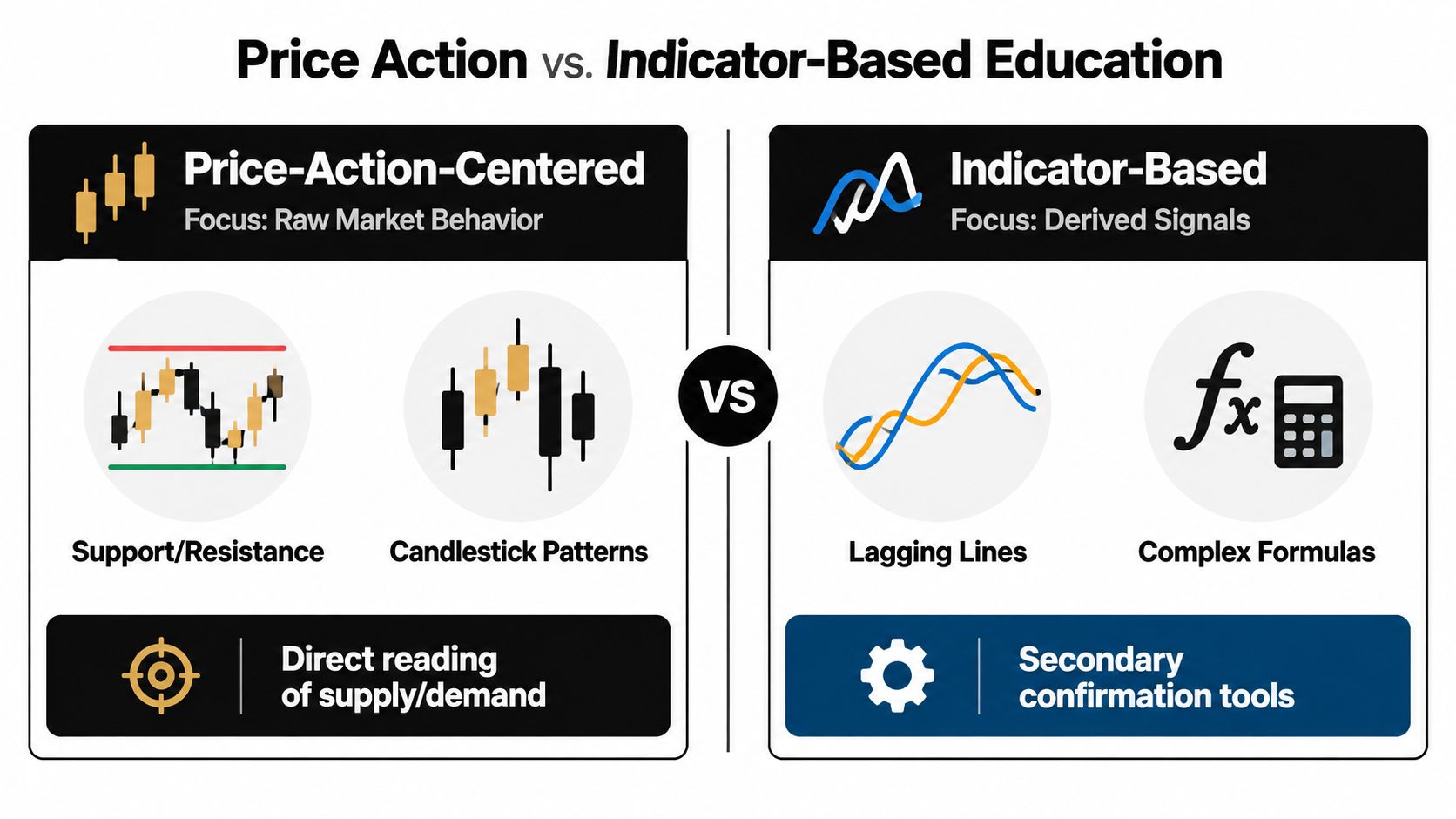 A comparison chart showing the differences between price action trading and indicator-based trading methods.