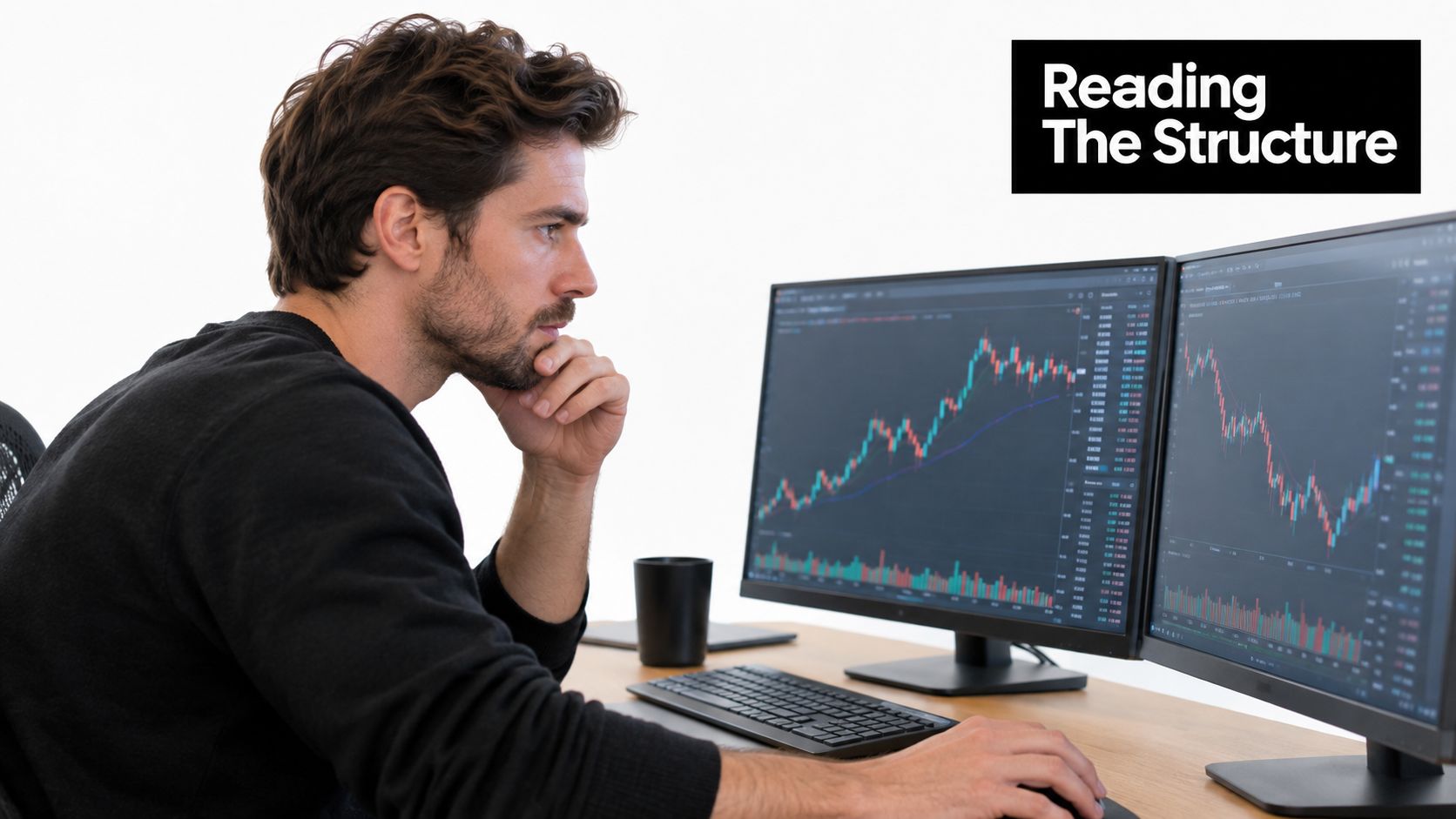 A focused man analyzing financial charts on dual computer monitors in a clean, modern workspace.