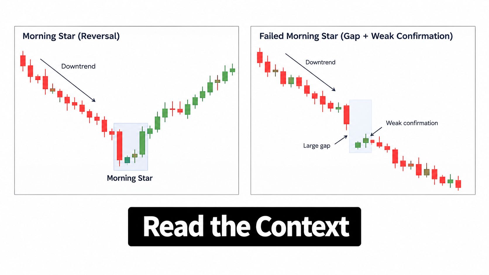 A comparative chart showing a successful morning star reversal pattern versus a failed morning star pattern example.