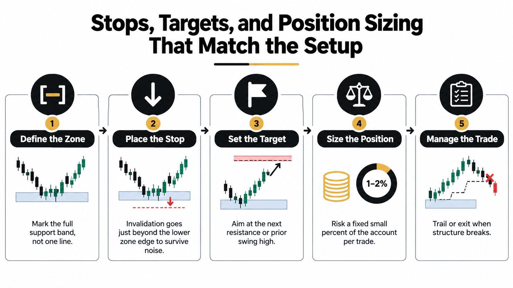 A five-step infographic showing how to manage support level trading using stops, targets, and position sizing.
