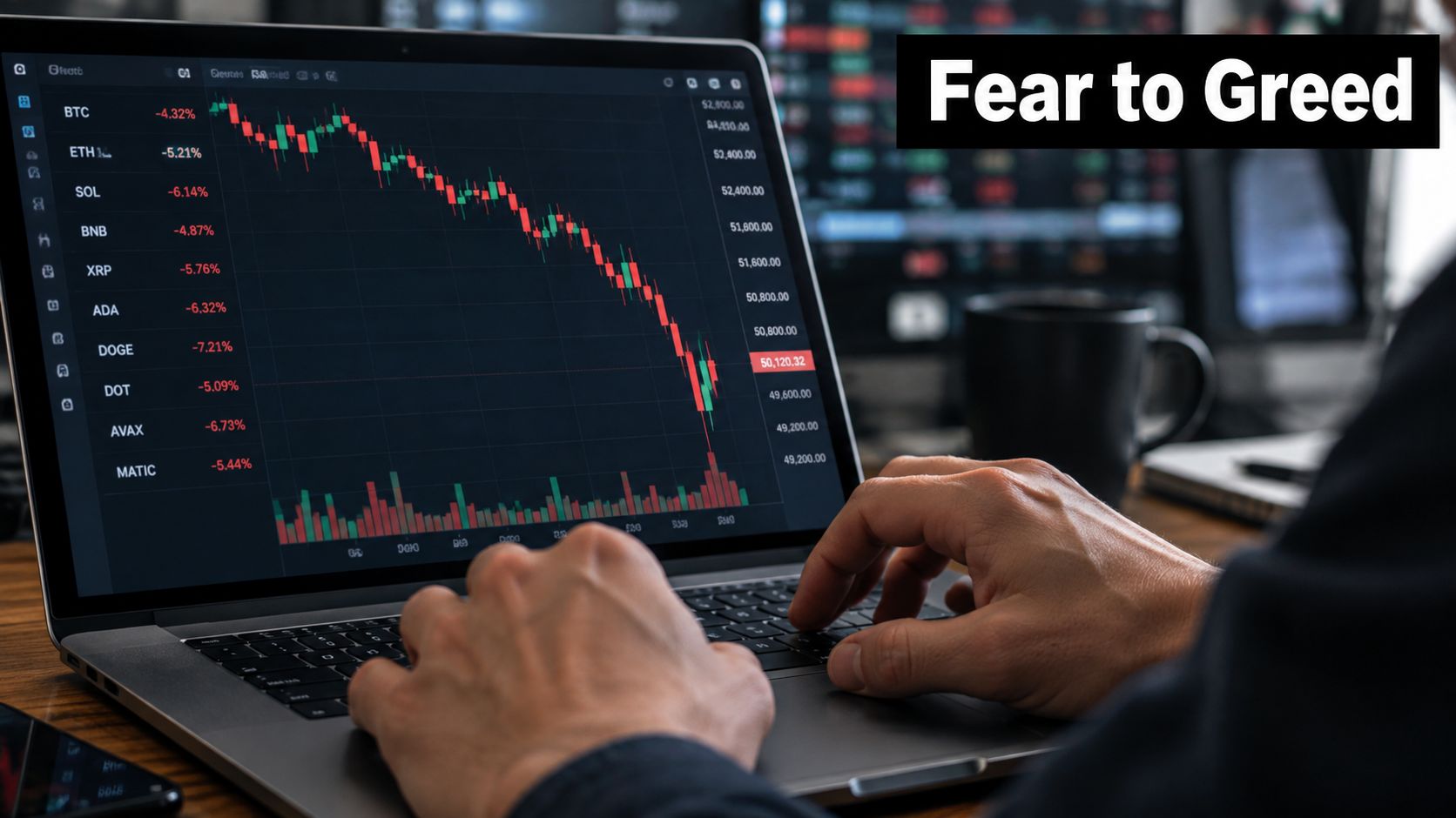 A person analyzing a downward trending cryptocurrency market chart on a laptop screen with red candlesticks.