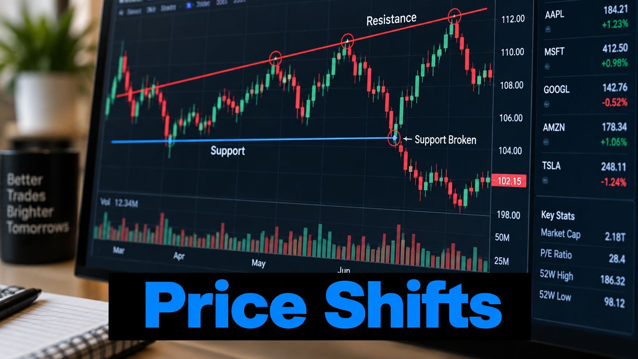 A digital screen displaying a stock market trading chart showing resistance and broken support trend lines.