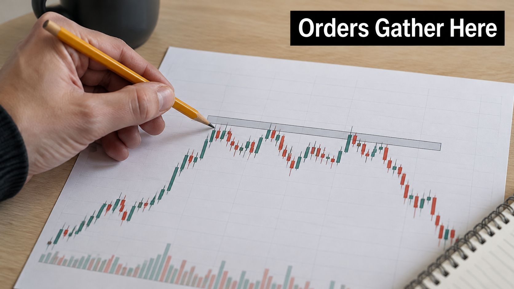A hand using a yellow pencil to mark a resistance zone on a financial stock chart.