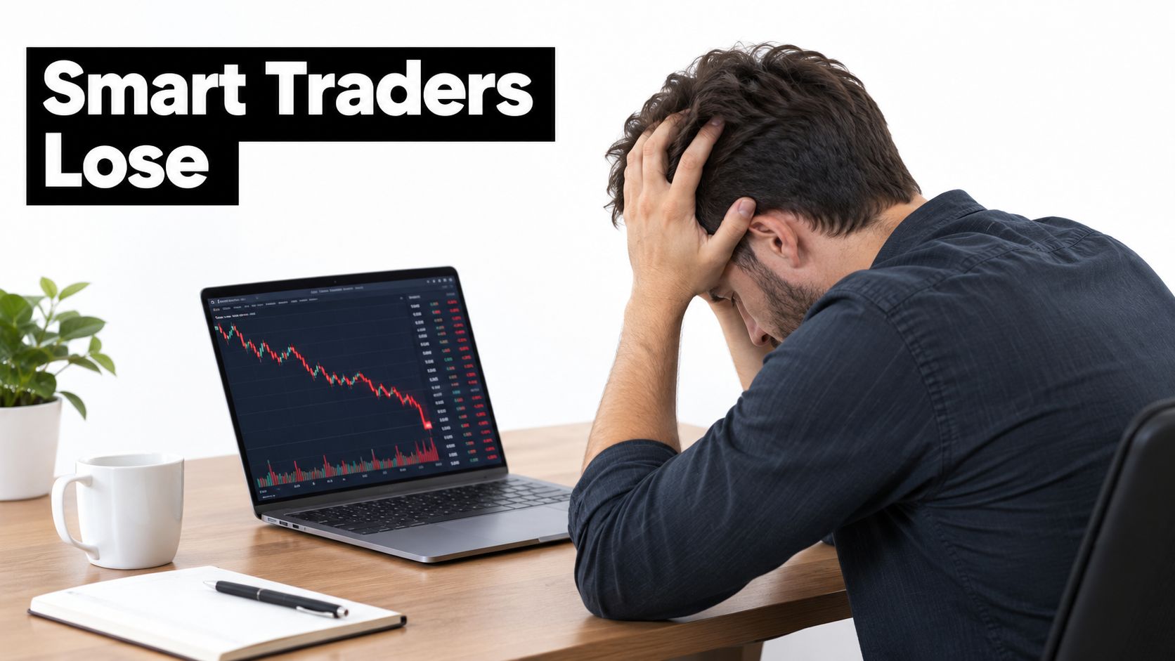 A stressed man sitting at a desk with a laptop showing falling stock market graph charts.
