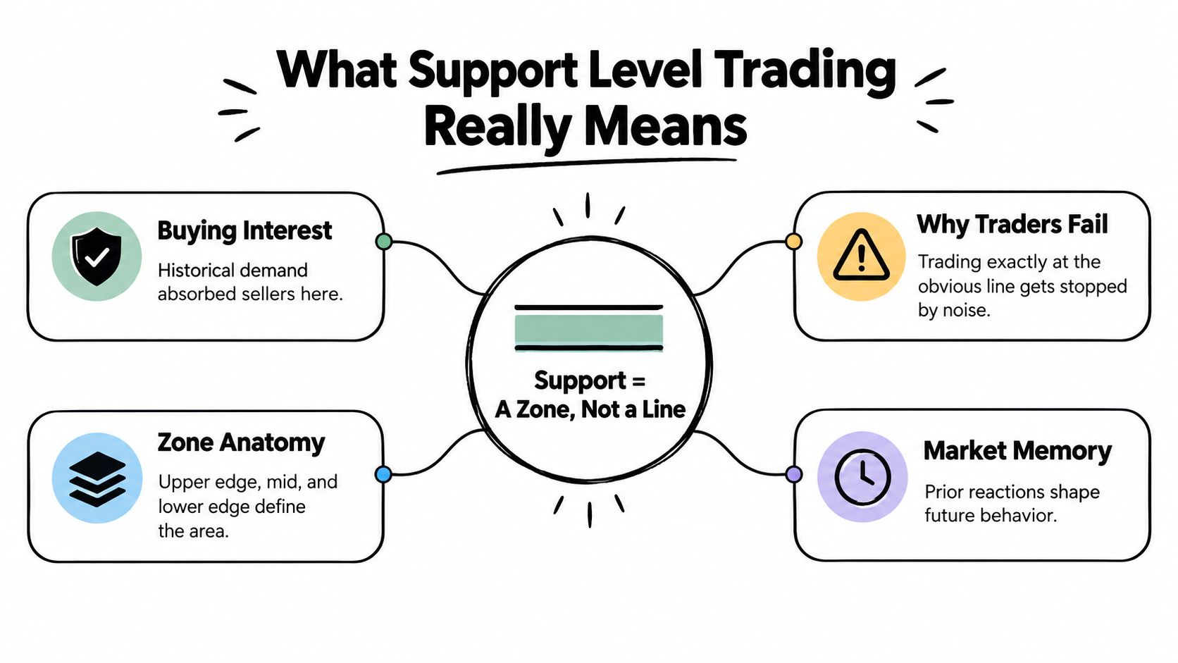 A diagram explaining support levels as trading zones rather than single lines for better market analysis.