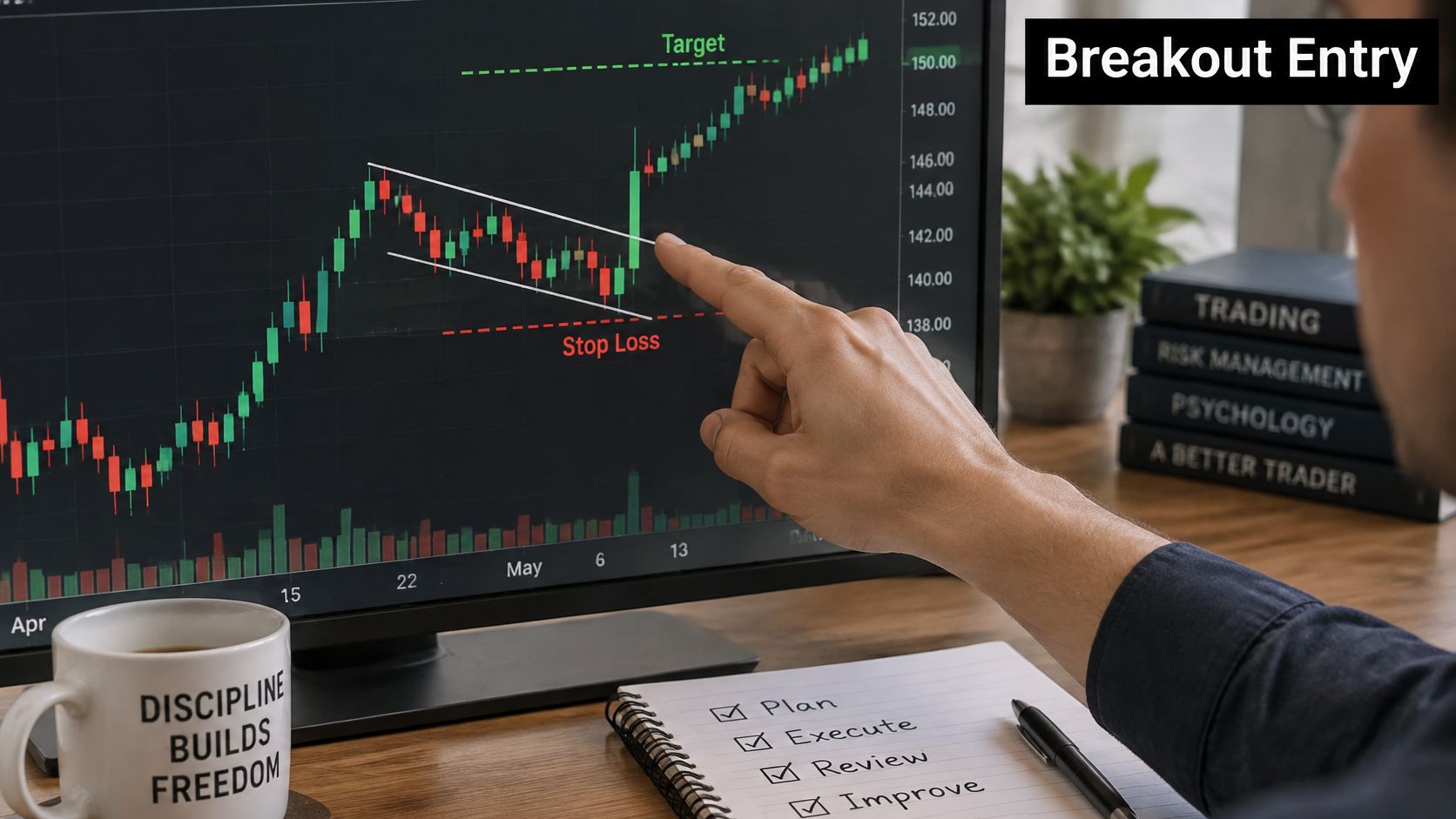 A trader points at a candlestick chart showing a bullish flag pattern breakout with profit target indicators.