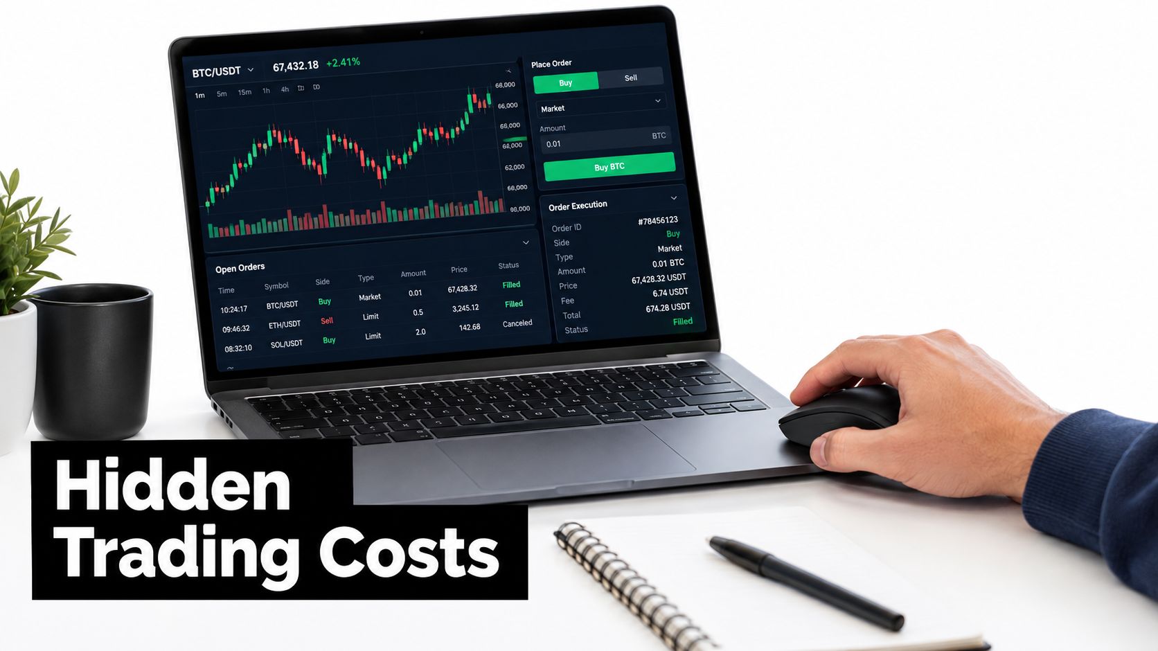 A close-up view of a person using a laptop to trade cryptocurrency with a trading chart visible.