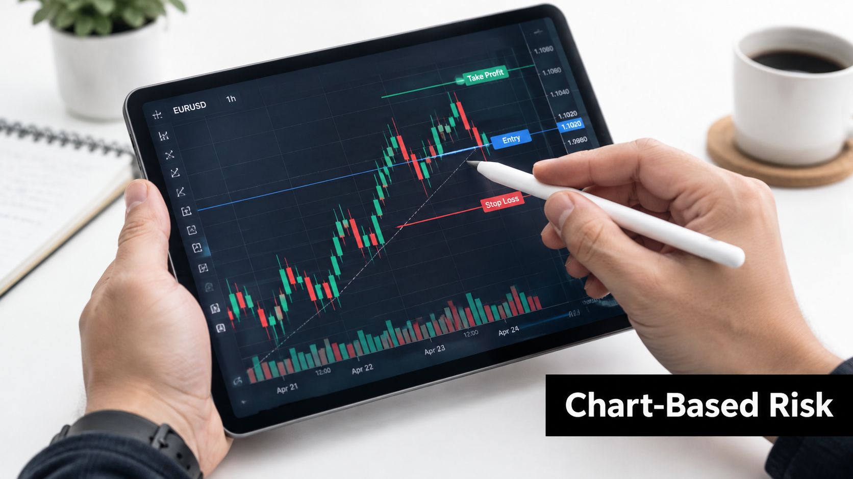 A person analyzing a currency trading chart on a tablet screen with marked profit and loss levels.