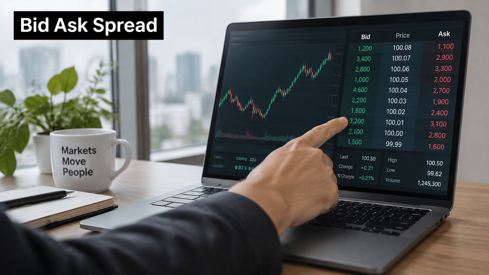 A person pointing at an order book on a laptop screen showing bid ask spread data.
