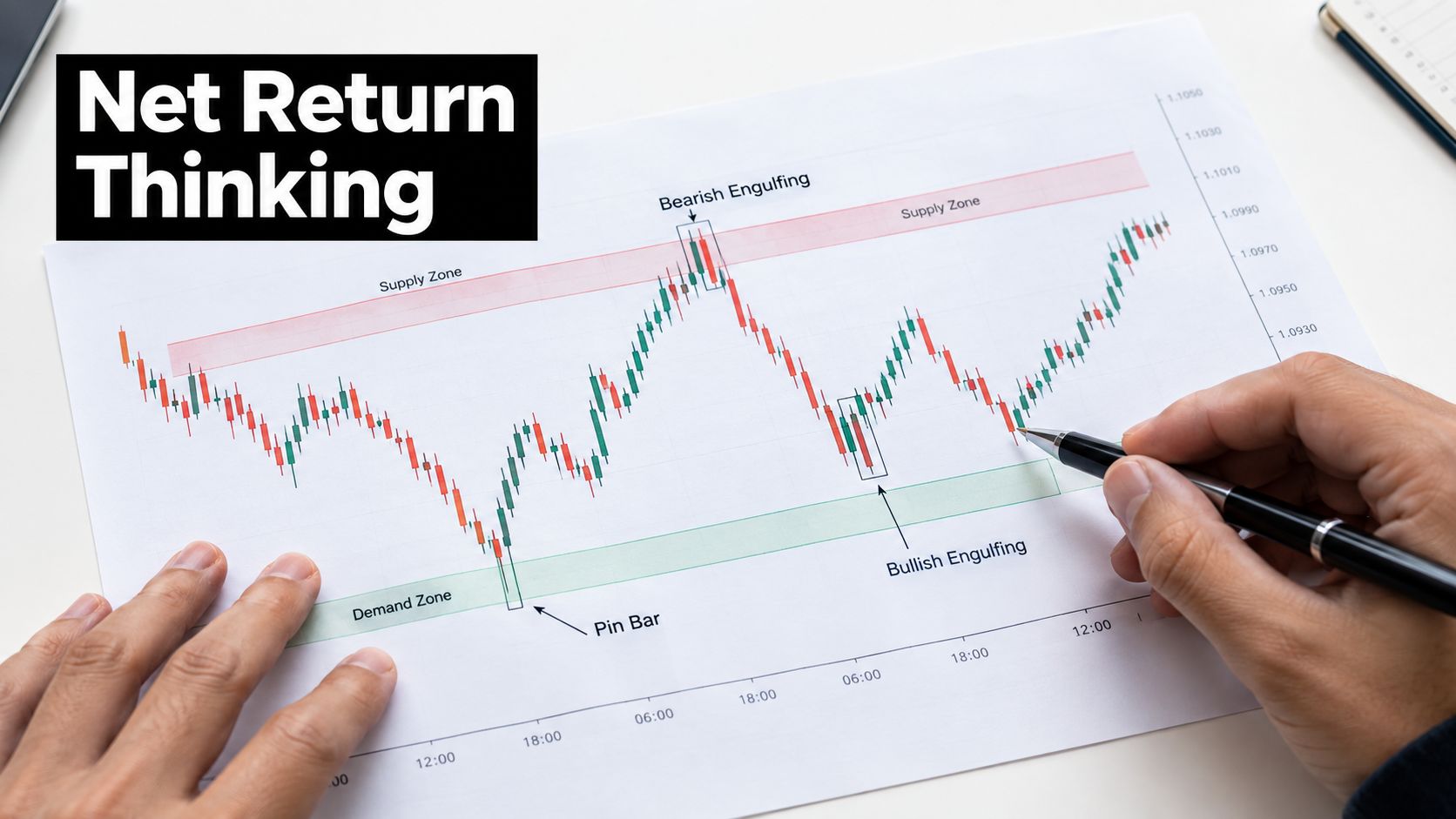 A trader points at a stock chart showing price action patterns like Pin Bar and Engulfing candles.