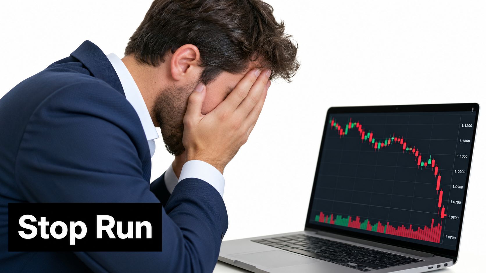 A distressed businessman covering his face while looking at a plummeting stock market chart on a laptop.