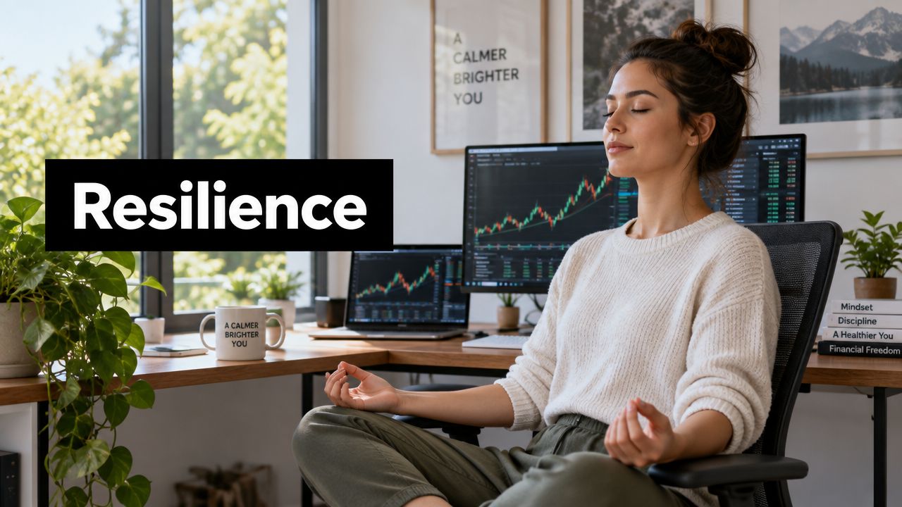 A focused woman meditating in her office with stock market charts on her computer screens.