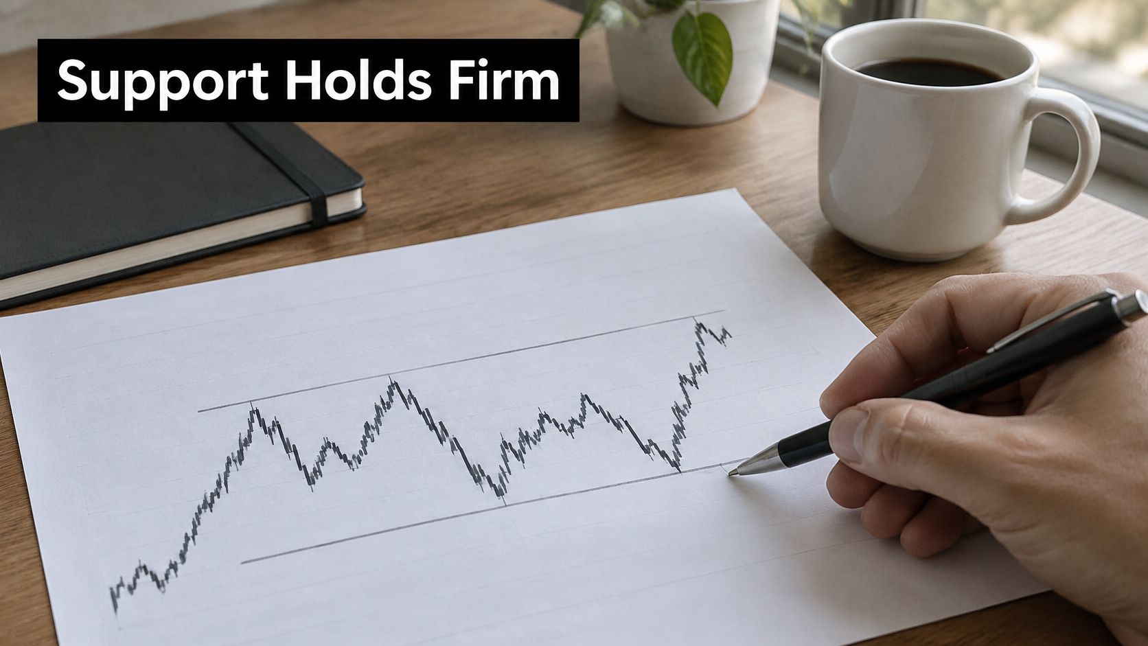 A person drawing a trend line on a stock market chart to illustrate support levels.