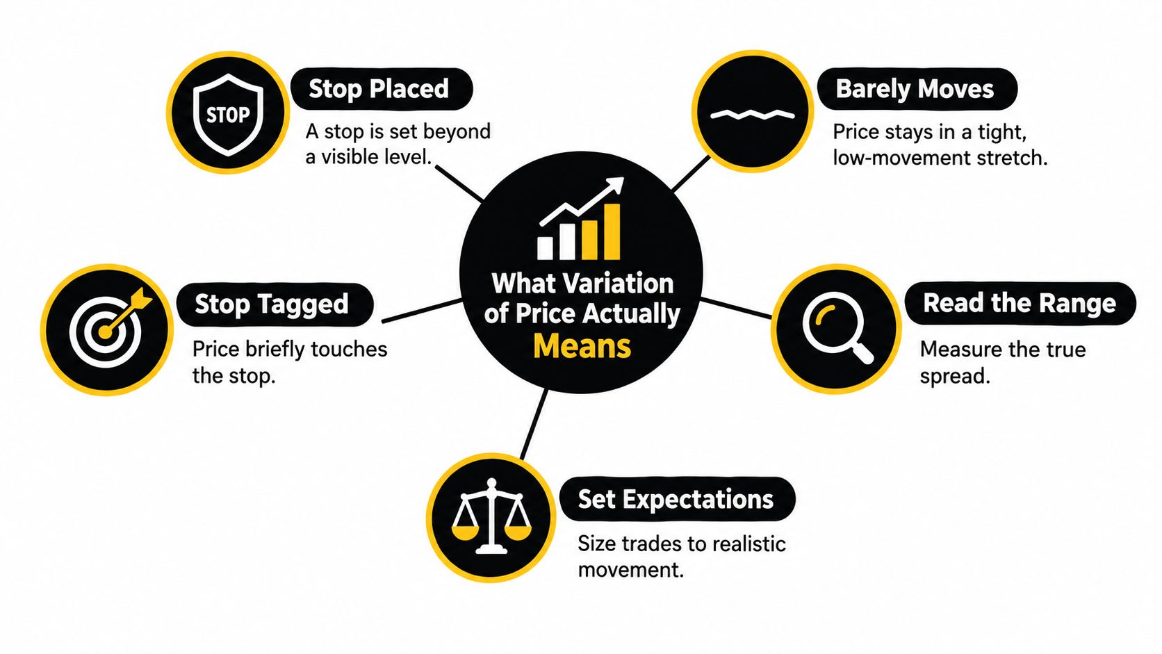 A diagram titled What Variation of Price Actually Means, explaining trading concepts like stops and ranges.