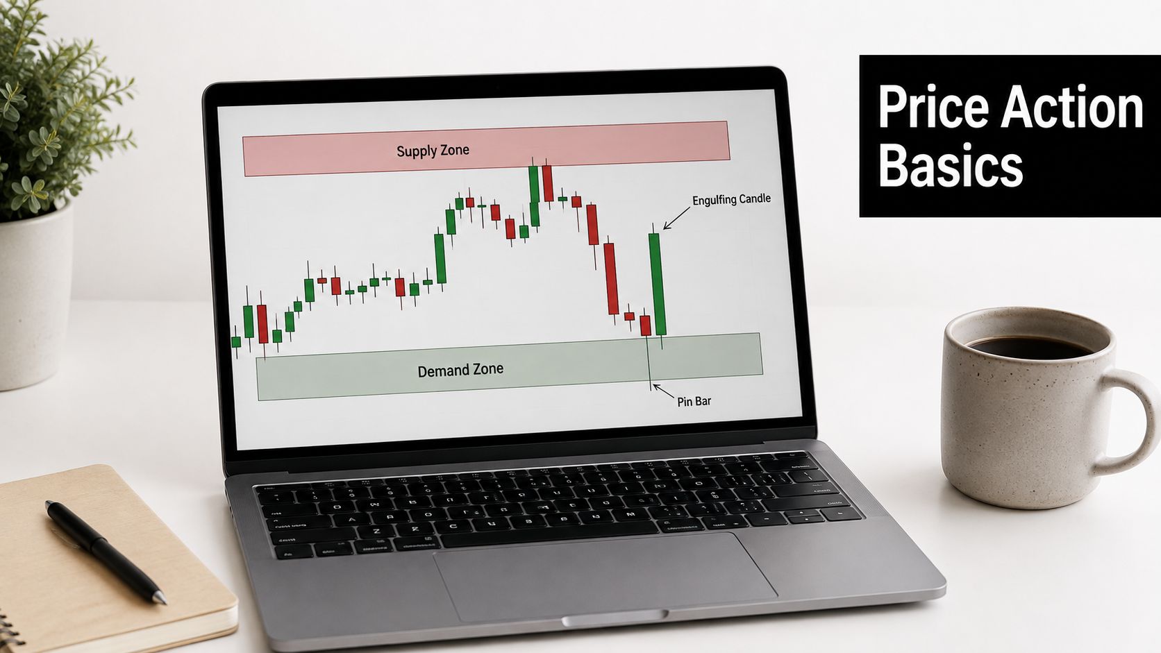 A laptop screen displaying a price action candlestick chart with supply and demand zones shown.
