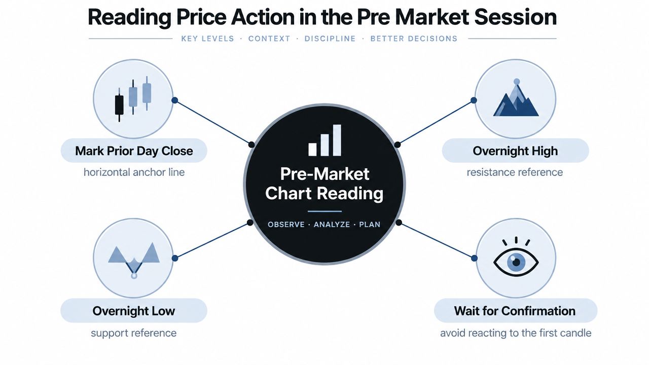 A chart showing key strategies for reading price action during the pre-market trading session.