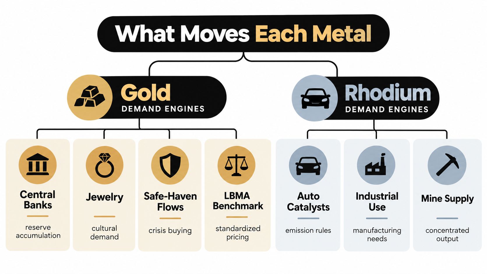 A comparative infographic showing the primary demand drivers for gold versus rhodium in metal markets.