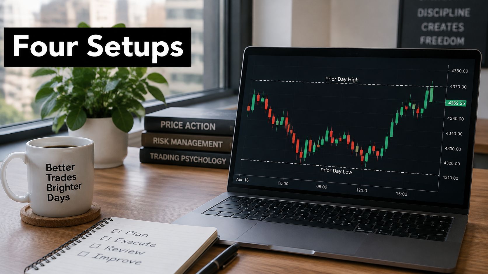 A trading desk setup with a laptop showing financial charts, books on trading, and a task list notebook.