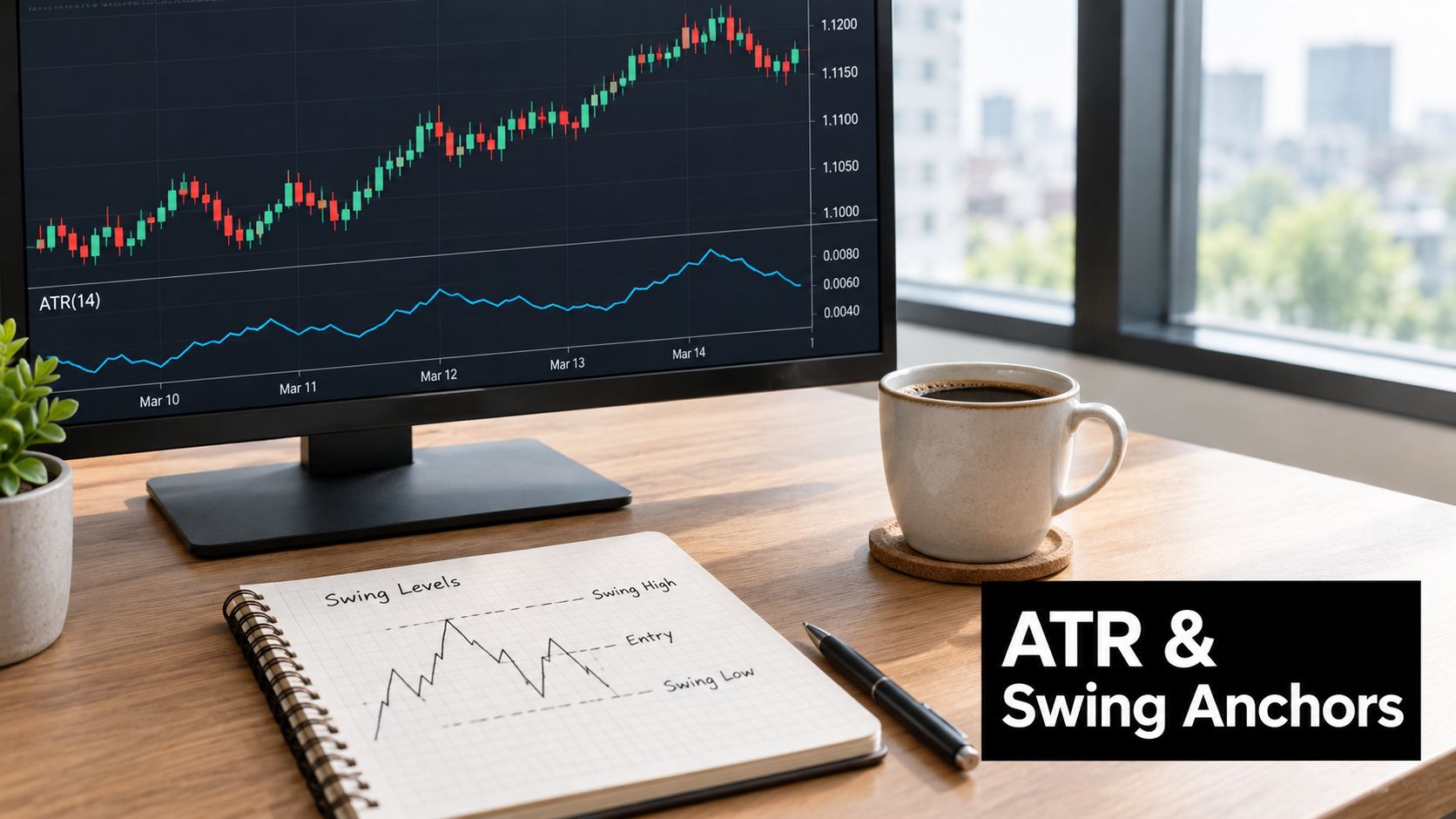 A professional desk setup featuring a stock market chart on a computer monitor and a notepad with swing level drawings.