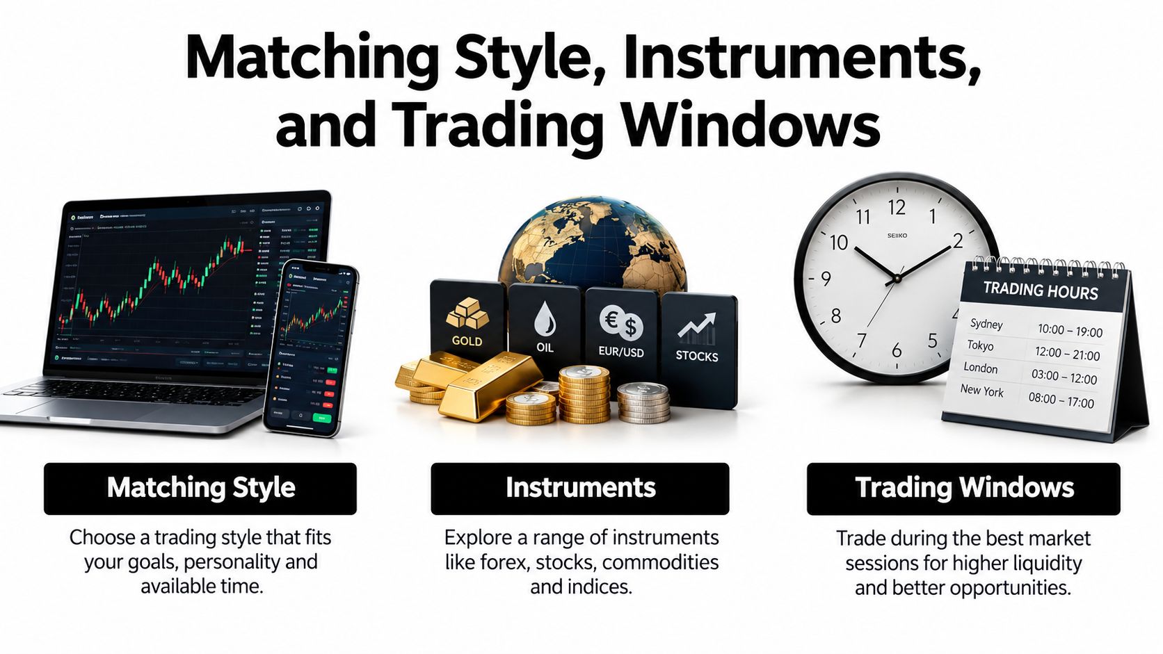 An infographic illustrating key trading concepts including personal style selection, financial instruments, and optimal global market trading hours.