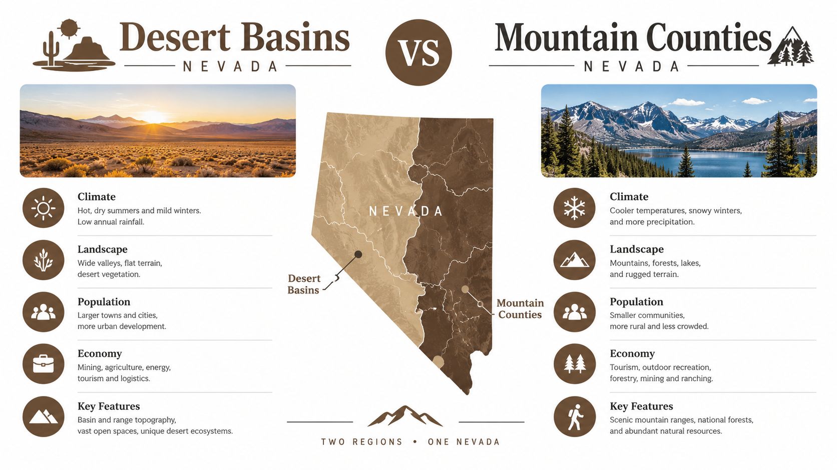 A comparison infographic showing the geographic and environmental differences between Nevada's Desert Basins and Mountain Counties regions.