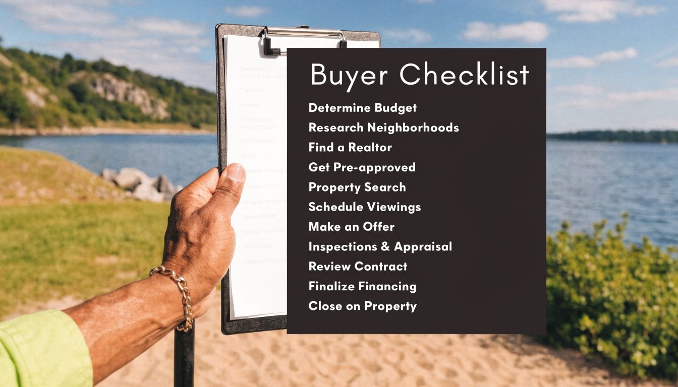 A hand holding a clipboard with a home buyer checklist against a scenic lakeside landscape background.